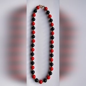 Vintage Black & Red Beaded Necklace with gold tone accents 18"